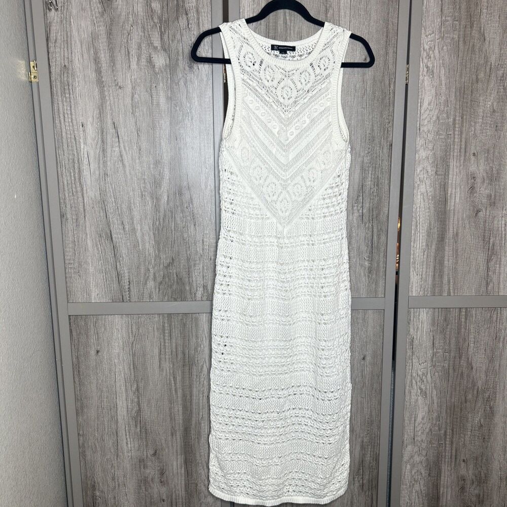 INC International Concepts White Knit Dress Size L Crochet Long Midi